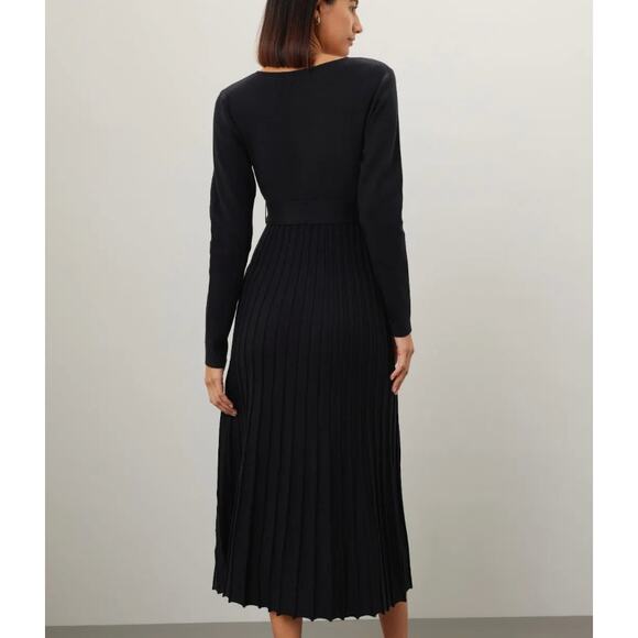 Area Stars Black Fit Flare Knit Midi Wrap Dress XS Pleated Career Designer $175 - Picture 3 of 10